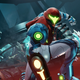 Samus in her power armor assumes the superhero landing pose.